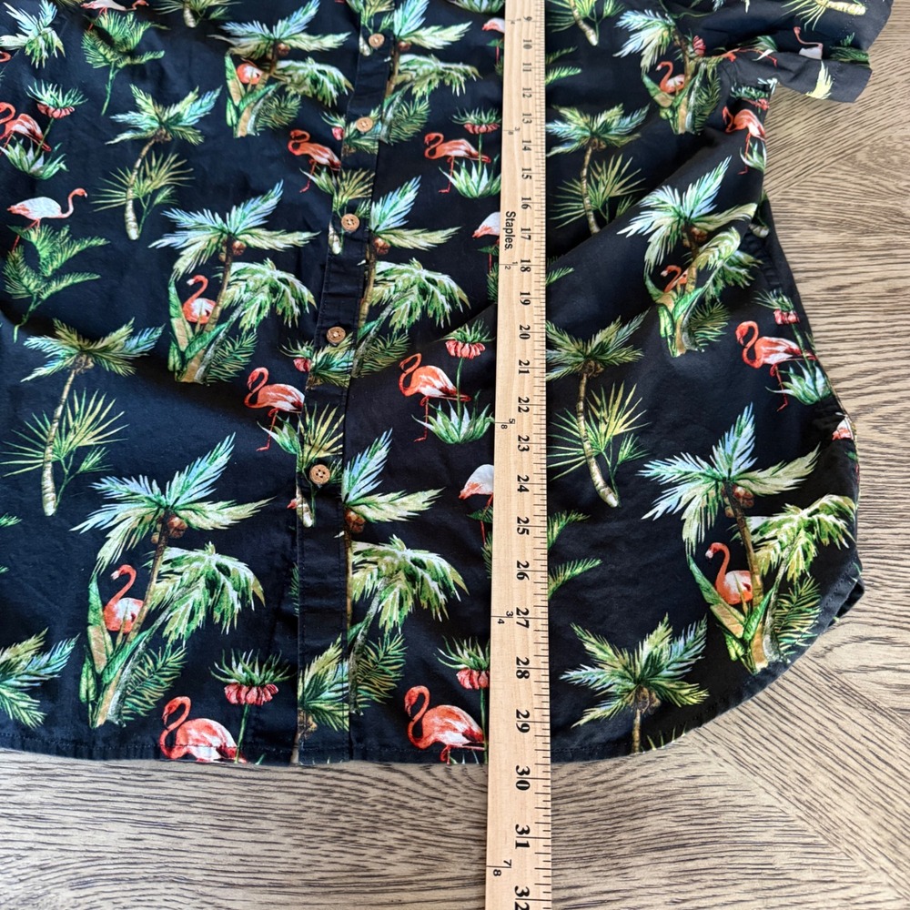 Denim & Flower Flamingo Palm Tree Tropical Button Down Shirt Black XL Slim Fit - Picture 7 of 11
